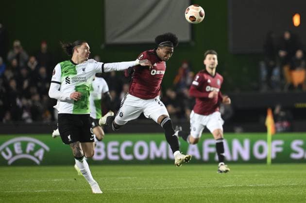 From left Darwin Nunez of Liverpool, Angelo Preciado of Sparta in action during the Europa League semifinal opening match: Sparta vs Liverpool in Prague, Czech Republic, March 7, 2024. (CTKxPhoto OndrejxDeml) CTKPhotoP2024030708609  CTKPhotoP2024030708609