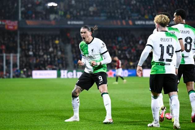 Darwin Nunez of Liverpool celebrates third goal during the Europa League semifinal opening match: Sparta vs Liverpool in Prague, Czech Republic, March 7, 2024. (CTKxPhoto OndrejxDeml) CTKPhotoP2024030708942  CTKPhotoP2024030708942