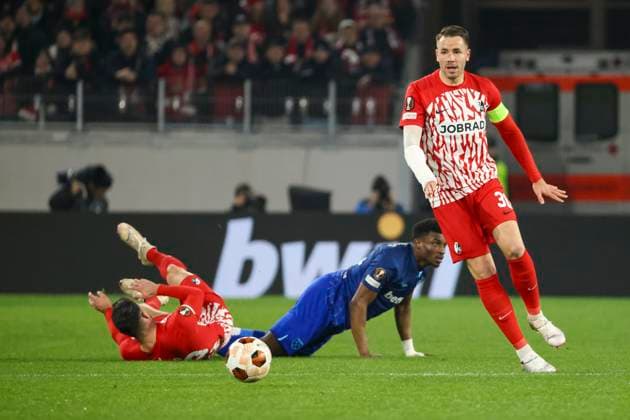 Vincenzo Grifo SC Freiburg, 32 , Mohammed Kudus West Ham United, 14 and Christian Guenter SC Freiburg, 30 fighting for the ball , Football, UEFA Europa League, Round of 16, 2023 2024, SC Freiburg vs West Ham United, 07 03 2024, Europa Park Stadion , Freiburg im Breisgau, Germany Freiburg im Breisgau Europa Park Stadion Baden Wuerttemberg Germany Copyright: xGrantxHubbsx