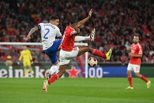 James Tavernier of Rangers and David Neres of Benfica Benfica v Rangers, UEFA Europa League, Round of 16, First Leg, Football, Estadio da Luz, Lisbon, Portugal - 07 Mar 2024 EDITORIAL USE ONLY No use with unauthorised audio, video, data, fixture lists, club league logos or live services. Online in-match use limited to 120 images, no video emulation. No use in betting, games or single club league player publications. Copyright: xZedxJameson Shutterstockx 14373669ah