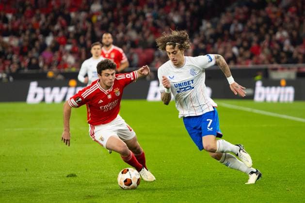 Fabio Silva of Rangers during the Europa League Round of 16 Match at the Estadio da Luz, Lisbon. Benfica v Rangers, UEFA Europa League, Round of 16, First Leg, Football, Estadio da Luz, Lisbon, Portugal - 07 Mar 2024 EDITORIAL USE ONLY No use with unauthorised audio, video, data, fixture lists, club league logos or live services. Online in-match use limited to 120 images, no video emulation. No use in betting, games or single club league player publications. Copyright: xLukexNickerson RangersxFC Shutterstockx 14380036bb