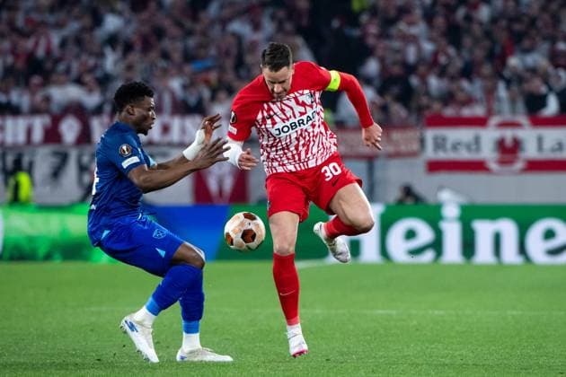 Christian Guenter SC Freiburg, 30 in duel with Mohammed Kudus West Ham United, 14 , GER, SC Freiburg vs West Ham United, Football UEFA Europa League, round of 16 first leg, 2023 2024 season, 07 03 2024 GER, SC Freiburg vs West Ham United, Football UEFA Europa League, round of 16 first leg, 2023 2024 season, 07 03 2024 Freiburg Copyright: xEibner-Pressefoto Memmlerx EP_MMR