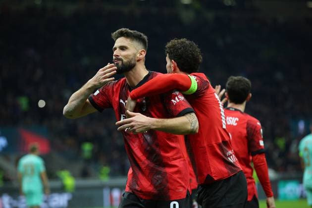 March 7, 2024, Milan, Lombardy, Italy: OLIVIER GIROUD of AC Milan scores his side first goal in the UEFA Europa League Round of 16 first leg game between AC Milan and Slavia Praha at San Siro Stadium in Milan, Italy Milan Italy - ZUMAc179 20240307_zep_c179_014 Copyright: xMickaelxChavetx