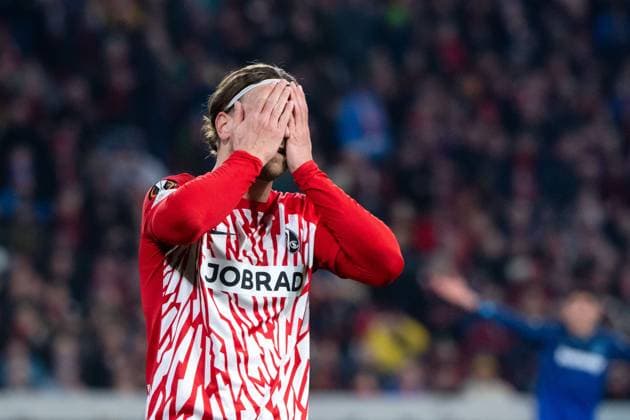 Lucas Hoeler SC Freiburg, 09 is annoyed about the missed goal chance, GER, SC Freiburg vs West Ham United, Football UEFA Europa League, Round of 16 first leg, 2023 2024 season, 07 03 2024 GER, SC Freiburg vs West Ham United, Football UEFA Europa League, Round of 16 first leg, 2023 2024 season, 07 03 2024 Freiburg Copyright: xEibner-Pressefoto Memmlerx EP_MMR