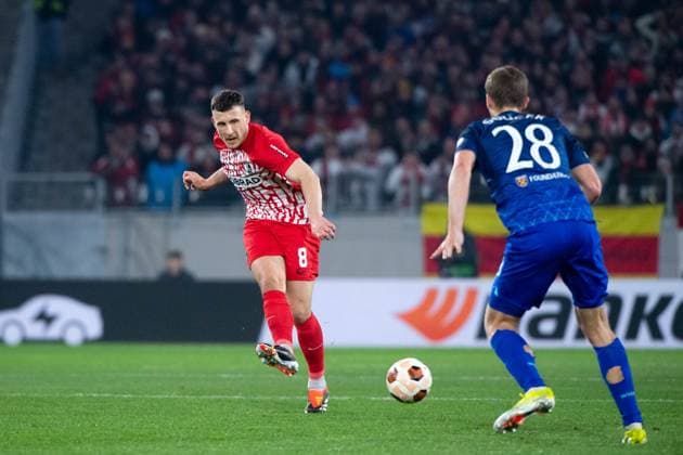 Maximilan Eggestein SC Freiburg, 08 in duel with Tomas Soucek West Ham United, 28 , GER, SC Freiburg vs West Ham United, Football UEFA Europa League, round of 16 first leg, 2023 2024 season, 07 03 2024 GER, SC Freiburg vs West Ham United, Football UEFA Europa League, round of 16 first leg, 2023 2024 season, 07 03 2024 Freiburg Copyright: xEibner-Pressefoto Memmlerx EP_MMR