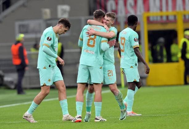 AC Milan v Slavia Prague, UEFA Europa League, Milano, Italy Milano, Italy. 07th, March 2024. David Doudera (21) of Slavia Prague equalises for 1-1 and celebrates with Lukas Masopust (8) during the UEFA Europa League match between AC Milan and Slavia Prague at San Siro in Milano. Milano Italy  Copyright: xGonzalesxPhoto TommasoxFimianox