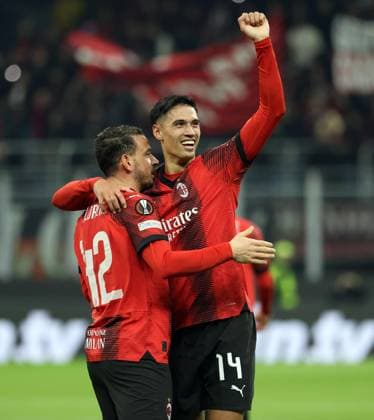 March 7, 2024, Milan, ITALY: AC Milan™s Tijani Reijnders (R) jubilates with his teammate Alessandro Florenzi after scoring goal of 2 to 1 during the UEFA Europa League round of 16 first leg between AC Milan and Sk Slavia Praha at Giuseppe Meazza stadium in Milan, 7 March 2024..ANSA MATTEO BAZZI. Soccer; Europe Legaue: Ac Milan vs Sk Slavia Praha  - ZUMAa110 20240307_zaf_a110_041 Copyright: xMatteoxBazzix