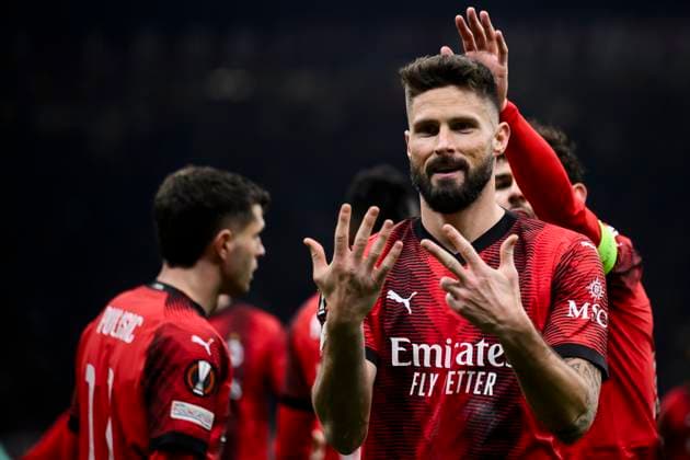AC Milan v SK Slavia Praha - UEFA Europa League Olivier Giroud of AC Milan celebrates after scoring the opening goal during the UEFA Europa League round of 16 first leg football match between AC Milan and SK Slavia Praha. Milan Italy Copyright: xNicolòxCampox