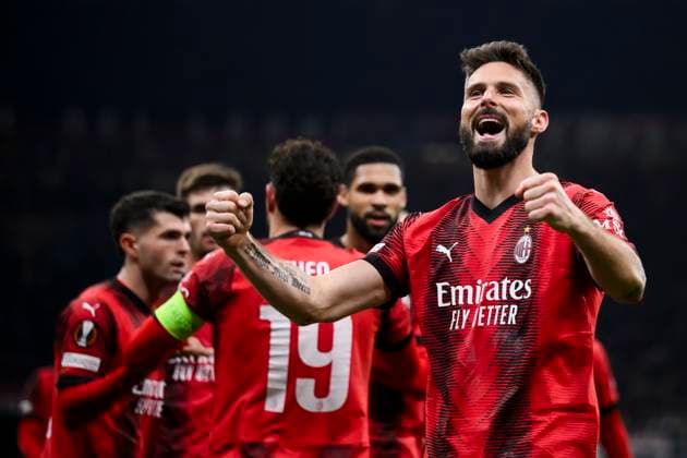 AC Milan v SK Slavia Praha - UEFA Europa League Olivier Giroud of AC Milan celebrates after scoring the opening goal during the UEFA Europa League round of 16 first leg football match between AC Milan and SK Slavia Praha. Milan Italy Copyright: xNicolòxCampox
