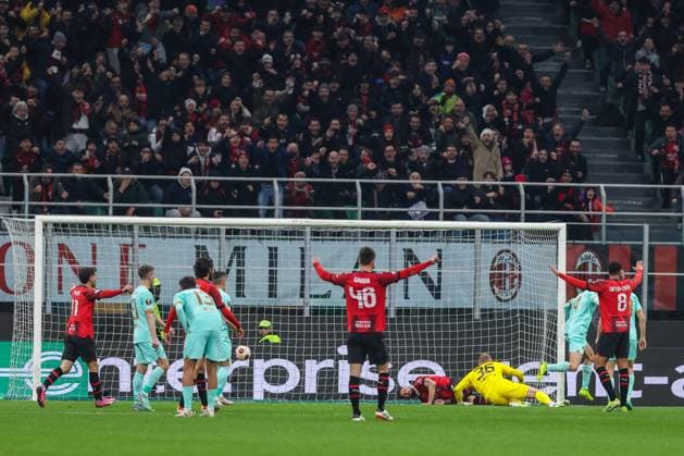 Football Europa League match - Milan vs Slavia Praha Olivier Giroud of AC Milan scores a goal during UEFA Europa League 2023 24 Round of 16 - 1st leg football match between AC Milan and SK Slavia Praha at San Siro Stadium, Milan, Italy on March 07, 2024 Milan Italy  Copyright: xIPAxSport ABACAx