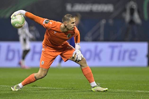 Zagreb, Croatia, 070324. Goalkeeper Dominik Kotarski at the match Dinamo - PAOK in the Round of 16 of the UEFA Conference League at Maksimir stadium. Photo: Damir Krajac CROPIX Zagreb Croatia Copyright: xxDamirxKrajacx xCROPIXx dk_dinamo_paok42-070324