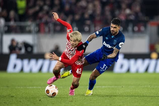 UEFA Europa League SC Freiburg West Ham United 07 03 2024 duel Ritsu Doan SC Freiburg, 42 , Emerson West Ham United, 33 UEFA Europa League SC Freiburg West Ham United, Freiburg, Europa Park Stadium on 07 03 2024 Copyright: xBEAUTIFULxSPORTS Wunderlx