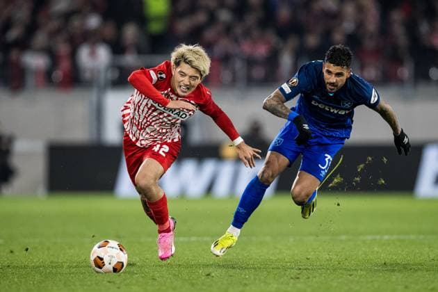 UEFA Europa League SC Freiburg West Ham United 07 03 2024 duel Ritsu Doan SC Freiburg, 42 , Emerson West Ham United, 33 UEFA Europa League SC Freiburg West Ham United, Freiburg, Europa Park Stadium on 07 03 2024 Copyright: xBEAUTIFULxSPORTS Wunderlx