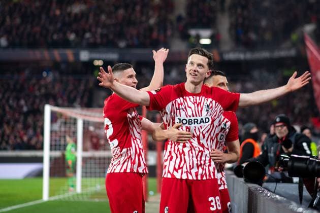 Michael Gregoritsch SC Freiburg, 38 , Roland Sallai SC Freiburg, 22 , Maximilan Eggestein SC Freiburg, 08 celebrate the goal for 1 0, GER, SC Freiburg vs West Ham United, Football UEFA Europa League, Round of 16 first leg, 2023 2024 season, 07 03 2024 GER, SC Freiburg vs West Ham United, Football UEFA Europa League, Round of 16 first leg, 2023 2024 season, 07 03 2024 Freiburg Copyright: xEibner-Pressefoto Memmlerx EP_MMR