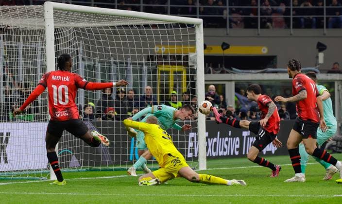 IPP20240307 Football - soccer: UEFA Europa League 2023 2024, A.C. Milan - SK Slavia Prague, il gol segnato da Christian Pulisic del Milan. (Verwendung nur in Deutschland - GERMANY ONLY) *** IPP20240307 Football soccer UEFA Europa League 2023 2024, A C Milan SK Slavia Prague, il gol segnato da Christian Pulisic del Milan Use only in Germany GERMANY ONLY 