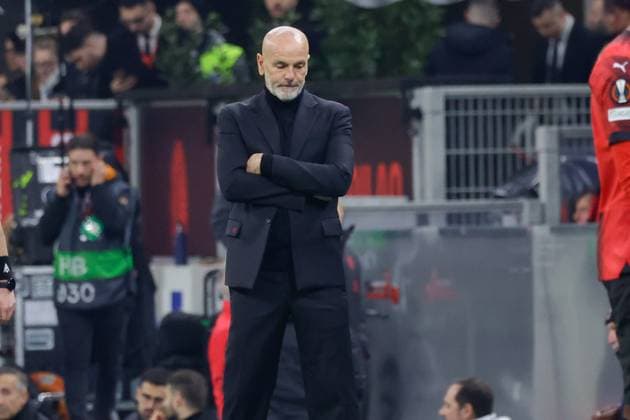 IPP20240307 Football - soccer: UEFA Europa League 2023 2024, A.C. Milan - SK Slavia Prague, La delusione di l allenatore del Milan Stefano Pioli dopo il gol segnato da David Doudera dello Slavia Praga. (Verwendung nur in Deutschland - GERMANY ONLY) *** IPP20240307 Football soccer UEFA Europa League 2023 2024, A C Milan SK Slavia Prague, La delusione di l allenatore del Milan Stefano Pioli dopo il gol segnato da David Doudera dello Slavia Praga Use only in Germany GERMANY ONLY 