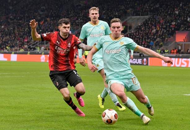 AC Milan v Slavia Prague, UEFA Europa League, Milano, Italy Milano, Italy. 07th, March 2024. Christian Pulisic (11) of AC Milan and Lukas Provod (17) of Slavia Prague seen during the UEFA Europa League match between AC Milan and Slavia Prague at San Siro in Milano. Milano Italy  Copyright: xGonzalesxPhoto TommasoxFimianox