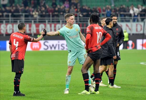 AC Milan v Slavia Prague, UEFA Europa League, Milano, Italy Milano, Italy. 07th, March 2024. Ismael Bennacer (4) and Rafael Leao (10) of AC Milan and Lukas Provod (17) of Slavia Prague seen after the UEFA Europa League match between AC Milan and Slavia Prague at San Siro in Milano. Milano Italy  Copyright: xGonzalesxPhoto TommasoxFimianox