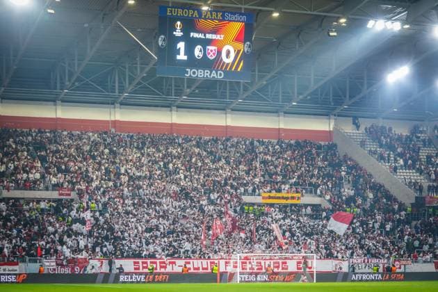 Soccer UEFA Europa League 2023 2024, Round of 16, SC Freiburg West Ham United FC, Europa Park Stadium Fan stand of SC Freiburg after the 1 0 victory Freiburg Stadion am Wolfswinkel Germany Copyright: xJoeranxSteinsiekx
