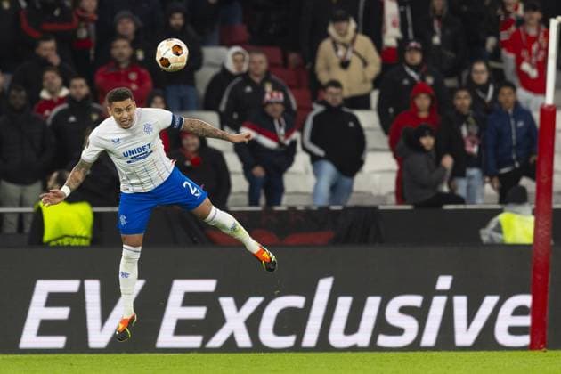 Rangers captain James Tavernier during the Europa League Round of 16 Match at the Estadio da Luz, Lisbon. Benfica v Rangers, UEFA Europa League, Round of 16, First Leg, Football, Estadio da Luz, Lisbon, Portugal - 07 Mar 2024 EDITORIAL USE ONLY No use with unauthorised audio, video, data, fixture lists, club league logos or live services. Online in-match use limited to 120 images, no video emulation. No use in betting, games or single club league player publications. Copyright: xLukexNickerson RangersxFC Shutterstockx 14380036ft