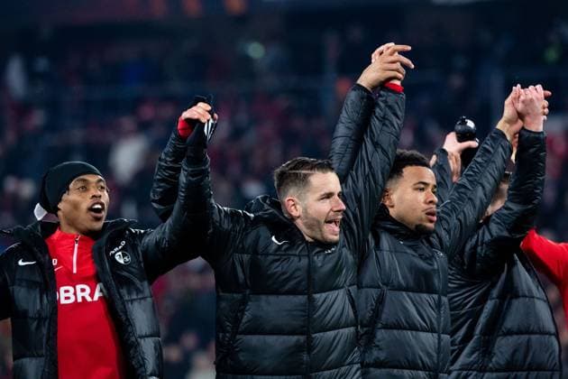 Junior Adamu SC Freiburg, 20 , Christian Guenter SC Freiburg, 30 , Noah Atubolu SC Freiburg, 01 celebrate the victory, GER, SC Freiburg vs West Ham United, Football UEFA Europa League, Round of 16 first leg, 2023 2024 season, 07 03 2024 GER, SC Freiburg vs West Ham United, Football UEFA Europa League, Round of 16 first leg, 2023 2024 season, 07 03 2024 Freiburg Copyright: xEibner-Pressefoto Memmlerx EP_MMR