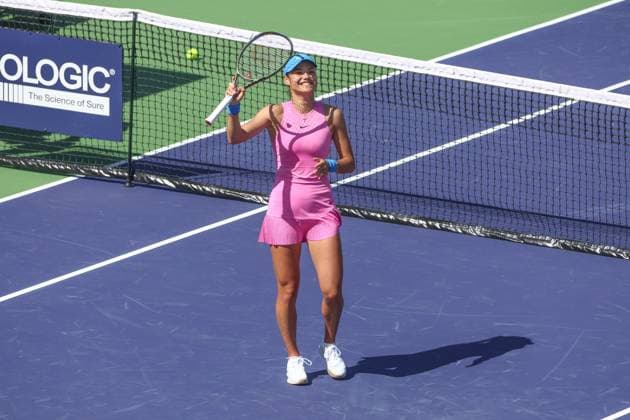 INDIAN WELLS, CA - MARCH 07: Emma Raducanu (GBR) celebrates a first round win during the BNP Paribas Open on March 7, 2024 at Indian Wells Tennis Garden in Indian Wells. CA. (Photo by George Walker Icon Sportswire) TENNIS: MAR 07 BNP Paribas Open EDITORIAL USE ONLY Icon240307016