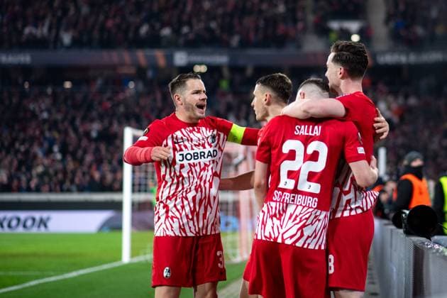 Michael Gregoritsch SC Freiburg, 38 , Roland Sallai SC Freiburg, 22 , Christian Guenter SC Freiburg, 30 , Maximilan Eggestein SC Freiburg, 08 celebrate the goal for 1 0, GER, SC Freiburg vs West Ham United, Football UEFA Europa League, Round of 16 first leg, 2023 2024 season, 07 03 2024 GER, SC Freiburg vs West Ham United, Football UEFA Europa League, Round of 16 first leg, 2023 2024 season, 07 03 2024 Freiburg Copyright: xEibner-Pressefoto Memmlerx EP_MMR