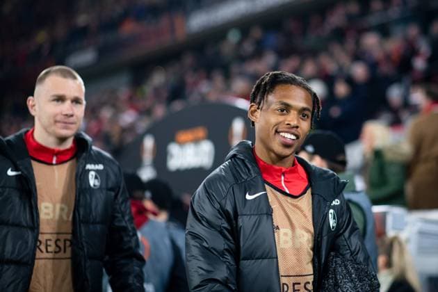 Junior Adamu SC Freiburg, 20 , GER, SC Freiburg vs West Ham United, Football UEFA Europa League, Round of 16 first leg, 2023 2024 season, 07 03 2024 GER, SC Freiburg vs West Ham United, Football UEFA Europa League, Round of 16 first leg, 2023 2024 season, 07 03 2024 Freiburg Copyright: xEibner-Pressefoto Memmlerx EP_MMR
