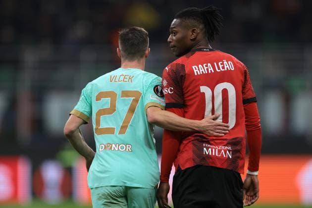 Milan, Italy, 7th March 2024. Tomas Vlcek of Slavia Praha and Rafael Leao of AC Milan during the UEFA Europa League match at Giuseppe Meazza, Milan. Picture credit should read: Jonathan Moscrop Sportimage EDITORIAL USE ONLY. No use with unauthorised audio, video, data, fixture lists, club league logos or live services. Online in-match use limited to 120 images, no video emulation. No use in betting, games or single club league player publications. SPI-2971-0060