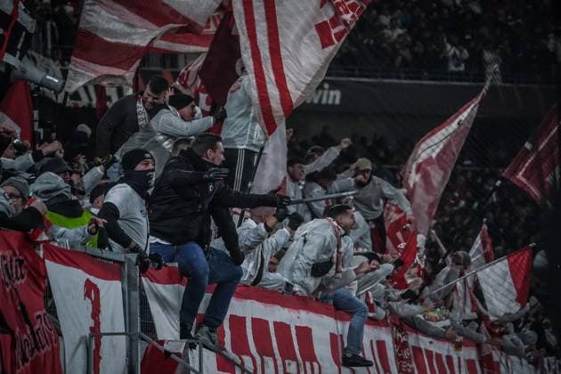 Soccer UEFA Europa League 2023 2024, Round of 16, SC Freiburg West Ham United FC, Europa Park Stadion Freiburg Fans Ultras celebrate the 1-0 goal by Freiburgs Michael Gregoritsch Freiburg Stadion am Wolfswinkel Germany Copyright: xJoeranxSteinsiekx