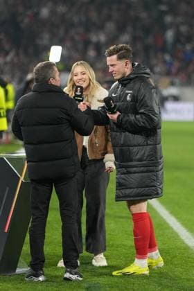 Soccer UEFA Europa League 2023 2024, round of 16, SC Freiburg West Ham United FC, Europa Park Stadium Freiburgs Michael Gregoritsch in an interview the 1-0 winning goal in the first leg Freiburg Stadion am Wolfswinkel Germany Copyright: xArnexAmbergx