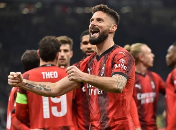 (240308) -- MILAN, March 8, 2024 -- AC Milan s Olivier Giroud (front) celebrates his goal during the UEFA Europa League Round of 16 1st leg match between AC Milan and Slavia Praha in Milan, Italy, March 7, 2024. (Photo by Xinhua) (SP)ITALY-MILAN-FOOTBALL-UEFA EUROPA LEAGUE-ROUND OF 16-AC MILAN VS SLAVIA PRAHA ValeriaxAbis 