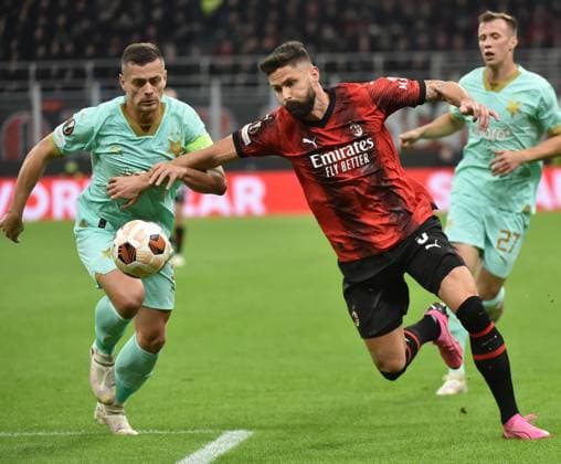 (240308) -- MILAN, March 8, 2024 -- AC Milan s Olivier Giroud (C) vies with Slavia Praha s Tomas Holes during the UEFA Europa League Round of 16 1st leg match between AC Milan and Slavia Praha in Milan, Italy, March 7, 2024. (Photo by Xinhua) (SP)ITALY-MILAN-FOOTBALL-UEFA EUROPA LEAGUE-ROUND OF 16-AC MILAN VS SLAVIA PRAHA ValeriaxAbis 