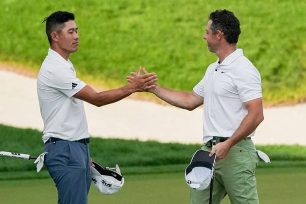 March 7, 2024, Orlando, Florida, United States: Collin Morikawa (L) shakes hands with Rory McIlroy on the 18th green after the first round of the 2024 Arnold Palmer Invitational presented by Mastercard at Bay Hill Club & Lodge. Orlando United States - ZUMAw109 20240307_fap_w109_037 Copyright: xDebbyxWongx