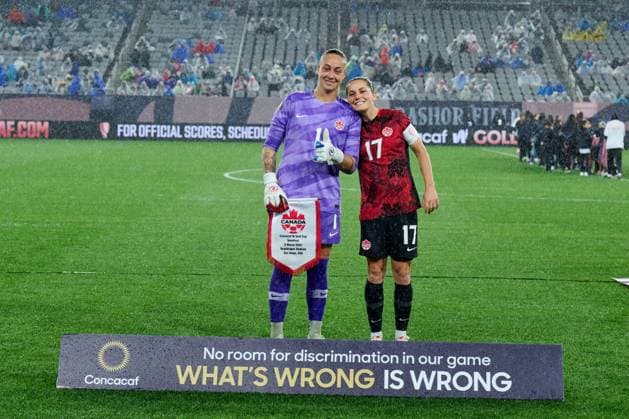 RECORD DATE NOT STATED Concacaf W Gold Cup 2024 Canada 2-2 United States Kailen Sheridan and Jessie Fleming of Canada during the Semifinals match between Canada and United States (USA) as part of the Concacaf Womens Gold Cup 2024, at Snapdragon Stadium on March 06, 2024 in San Diego, California, United States. SAN DIEGO CALIFORNIA UNITED STATES  Copyright: xJorgexMartinezx 20240306220401_CWGC_2024_SF_CAN_USA_FLEMING45