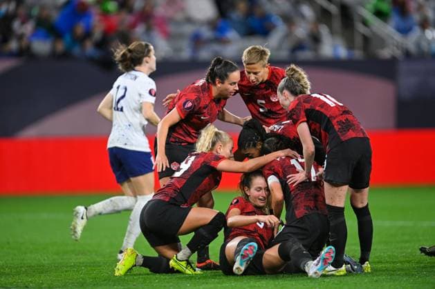 RECORD DATE NOT STATED Concacaf W Gold Cup 2024 Canada 2-2 United States Jordyn Huitema celebrates her goal 1-1 of Canada during the Semifinals match between Canada and United States (USA) as part of the Concacaf Womens Gold Cup 2024, at Snapdragon Stadium on March 06, 2024 in San Diego, California, United States. SAN DIEGO CALIFORNIA UNITED STATES  Copyright: xJorgexMartinezx 20240306230137_CWGC_2024_SF_CAN_USA_HUITEMA136