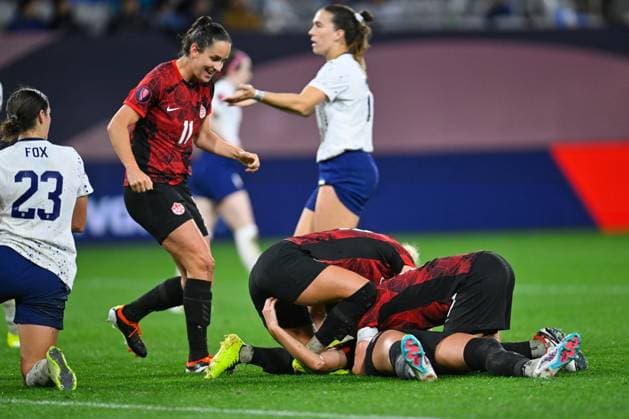 RECORD DATE NOT STATED Concacaf W Gold Cup 2024 Canada 2-2 United States Jordyn Huitema celebrates her goal 1-1 of Canada during the Semifinals match between Canada and United States (USA) as part of the Concacaf Womens Gold Cup 2024, at Snapdragon Stadium on March 06, 2024 in San Diego, California, United States. SAN DIEGO CALIFORNIA UNITED STATES  Copyright: xJorgexMartinezx 20240306230138_CWGC_2024_SF_CAN_USA_HUITEMA131