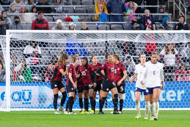 RECORD DATE NOT STATED Concacaf W Gold Cup 2024 Canada 2-2 United States Jordyn Huitema celebrates her goal 1-1 of Canada during the Semifinals match between Canada and United States (USA) as part of the Concacaf Womens Gold Cup 2024, at Snapdragon Stadium on March 06, 2024 in San Diego, California, United States. SAN DIEGO CALIFORNIA UNITED STATES  Copyright: xCarlosxZepedax 20240306230354_CWGC_2024_SF_CAN_USA_HUITEMA140