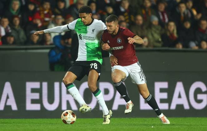 Indrit Tuci of Sparta Prague and Jarell Quansah of Liverpool in action Sparta Prague v Liverpool, UEFA Europa League, Round of 16, First Leg, Football, epet ARENA, Prague, Czech Republic - 07 Mar 2024 EDITORIAL USE ONLY No use with unauthorised audio, video, data, fixture lists, club league logos or live services. Online in-match use limited to 120 images, no video emulation. No use in betting, games or single club league player publications. Copyright: xKieranxMcManus Shutterstockx 14373656cv