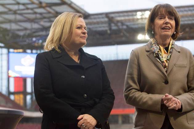 Nancy Faeserï¼aFederal Minister Of The Interior, Visits Rhein Energie Stadium 99 Days Before The UEFA EURO, EM, Europameisterschaft,Fussball 2024 Nancy Faeser, the Federal Minister of the Interior, and Henriette Reker, the Mayor of Cologne, are standing next to the trophy of UEFA Euro 2024 at the RheinEnergieStadion in Cologne, Germany, on March 7, 2024. Cologne Germany  Copyright: xYingxTangx originalFilename:tang-notitle240307_nphdD.jpg