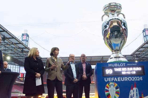 Nancy Faeserï¼aFederal Minister Of The Interior, Visits Rhein Energie Stadium 99 Days Before The UEFA EURO, EM, Europameisterschaft,Fussball 2024 Nancy Faeser, the Federal Minister of the Interior, and Henriette Reker, the Mayor of Cologne, are standing next to the trophy of UEFA Euro 2024 at the RheinEnergieStadion in Cologne, Germany, on March 7, 2024. Cologne Germany  Copyright: xYingxTangx originalFilename:tang-notitle240307_npHKn.jpg