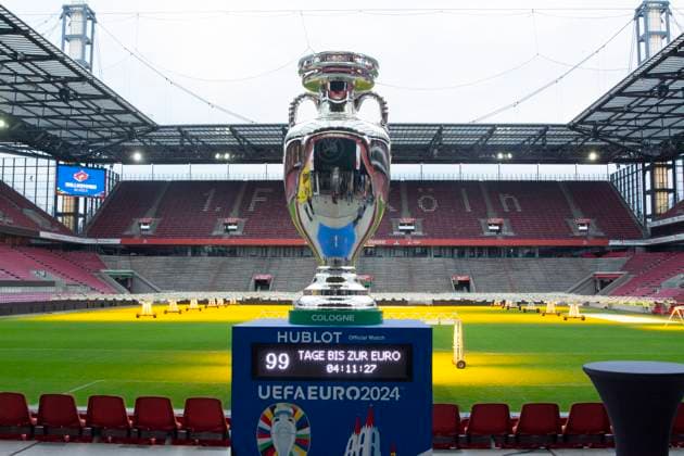 Nancy Faeserï¼aFederal Minister Of The Interior, Visits Rhein Energie Stadium 99 Days Before The UEFA EURO, EM, Europameisterschaft,Fussball 2024 The UEFA Euro 2024 trophy is being displayed at the RheinEnergieStadion while Nancy Faeser, Federal Minister of the Interior, visits the stadium with Cologne Mayor Henriette Reker in Cologne, Germany, on March 7, 2024. Cologne Germany  Copyright: xYingxTangx originalFilename:tang-notitle240307_np63t.jpg