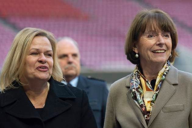 Nancy Faeserï¼aFederal Minister Of The Interior, Visits Rhein Energie Stadium 99 Days Before The UEFA EURO, EM, Europameisterschaft,Fussball 2024 Nancy Faeser, the Federal Minister of the Interior, and Henriette Reker, the Mayor of Cologne, are standing next to the trophy of UEFA Euro 2024 at the RheinEnergieStadion in Cologne, Germany, on March 7, 2024. Cologne Germany  Copyright: xYingxTangx originalFilename:tang-notitle240307_nphbm.jpg