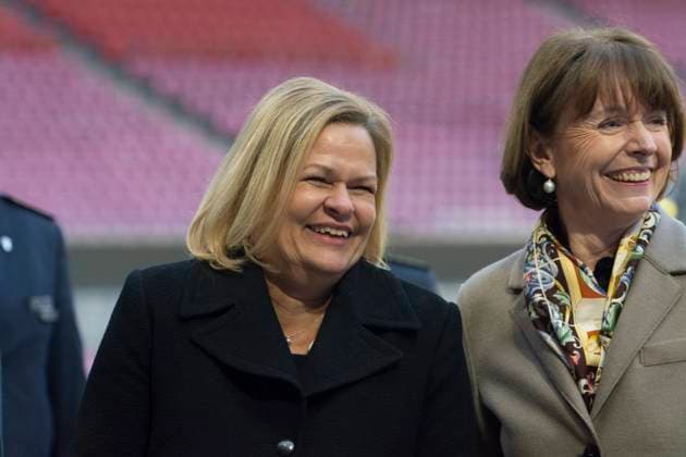 Nancy Faeserï¼aFederal Minister Of The Interior, Visits Rhein Energie Stadium 99 Days Before The UEFA EURO, EM, Europameisterschaft,Fussball 2024 Nancy Faeser, the Federal Minister of the Interior, and Henriette Reker, the Mayor of Cologne, are standing next to the trophy of UEFA Euro 2024 at the RheinEnergieStadion in Cologne, Germany, on March 7, 2024. Cologne Germany  Copyright: xYingxTangx originalFilename:tang-notitle240307_npX6M.jpg