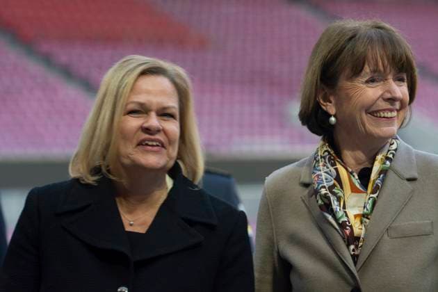 Nancy Faeserï¼aFederal Minister Of The Interior, Visits Rhein Energie Stadium 99 Days Before The UEFA EURO, EM, Europameisterschaft,Fussball 2024 Nancy Faeser, the Federal Minister of the Interior, and Henriette Reker, the Mayor of Cologne, are standing next to the trophy of UEFA Euro 2024 at the RheinEnergieStadion in Cologne, Germany, on March 7, 2024. Cologne Germany  Copyright: xYingxTangx originalFilename:tang-notitle240307_np5fl.jpg