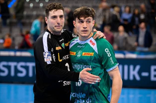 Stuttgart, March 7, 2024 HBL 23 24 TVB Stuttgart SC DHfK Leipzig Goalkeeper Domenico Ebner Leipzig , Matej Klima Leipzig Stuttgart Porsche Arena Baden Württemberg Germany