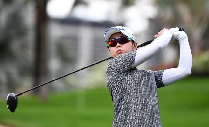 (240308) -- LINGSHUI, March 8, 2024 -- An Narin of South Korea plays a shot during the second round of the Blue Bay LPGA, Golf Damen golf tournament in Lingshui, south China s Hainan Province, March 8, 2024. ) (SP)CHINA-HAINAN-LINGSHUI-GOLF-BLUE BAY LPGA (CN) YangxGuanyu 
