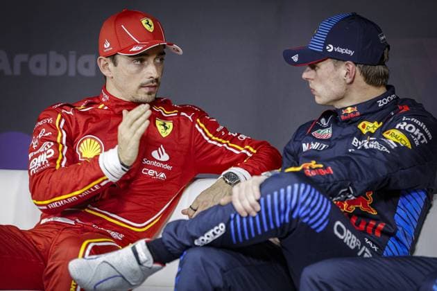 LECLERC Charles (mco), Scuderia Ferrari SF-24 and VERSTAPPEN Max (ned), Red Bull Racing RB20, portrait, press conference, PK, Pressekonferenz during the Formula 1 STC Saudi Arabian Grand Prix 2024, 2nd round of the 2024 Formula One World Championship, WM, Weltmeisterschaft from March 7 to 9, 2024 on the Jeddah Corniche Circuit, in Jeddah, Saudi Arabia - F1 - SAUDI ARABIAN GRAND PRIX 2024 DPPI Panoramic 240308_R02_SAUDI_240308_R02_SAUDI__LF_1479