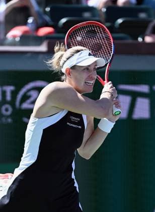 INDIAN WELLS, CA - MARCH 08: Angelique Kerbar (GER) looks down court after hitting the ball during a WTA, Tennis Damen tennis match played on March 8, 2024 during the BNP Paribas Open played at the Indian Wells Tennis Garden in Indian Wells, CA. (Photo by John Cordes Icon Sportswire) TENNIS: MAR 08 BNP Paribas Open EDITORIAL USE ONLY Icon506240308001
