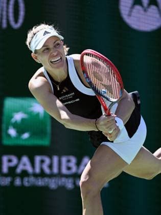 INDIAN WELLS, CA - MARCH 08: Angelique Kerbar (GER) looks down court after returning the ball during a WTA, Tennis Damen tennis match played on March 8, 2024 during the BNP Paribas Open played at the Indian Wells Tennis Garden in Indian Wells, CA. (Photo by John Cordes Icon Sportswire) TENNIS: MAR 08 BNP Paribas Open EDITORIAL USE ONLY Icon506240308025